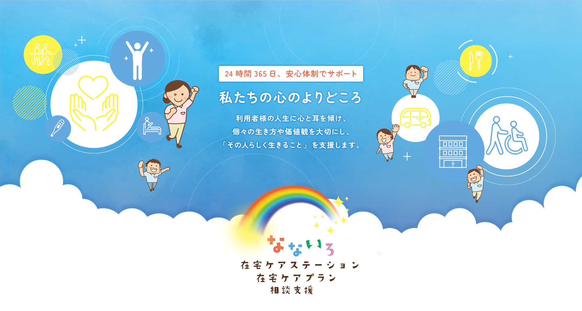 なないろ在宅ケアステーション 在宅ケアプラン 24時間365日、安心体制でサポート 私たちの心のよりどころ 利用者様の人生に心を傾け、個々の生き方や価値観を大切にし、「その人らしく生きること」を支援します。